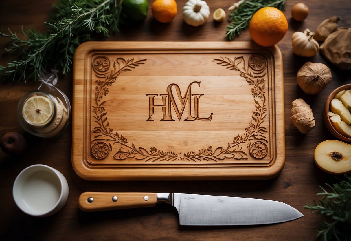 A couple's initials carved into a wooden cutting board surrounded by wedding-themed decorations and kitchen utensils