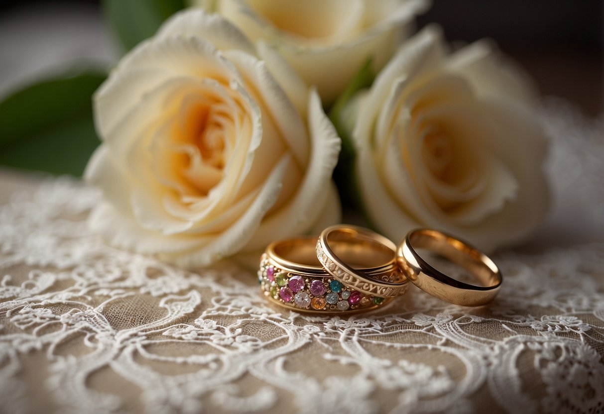 A colorful bouquet of flowers and a pair of entwined wedding rings on a lace-covered table, with the words "Wishing you joy, love, and happiness" written in elegant script