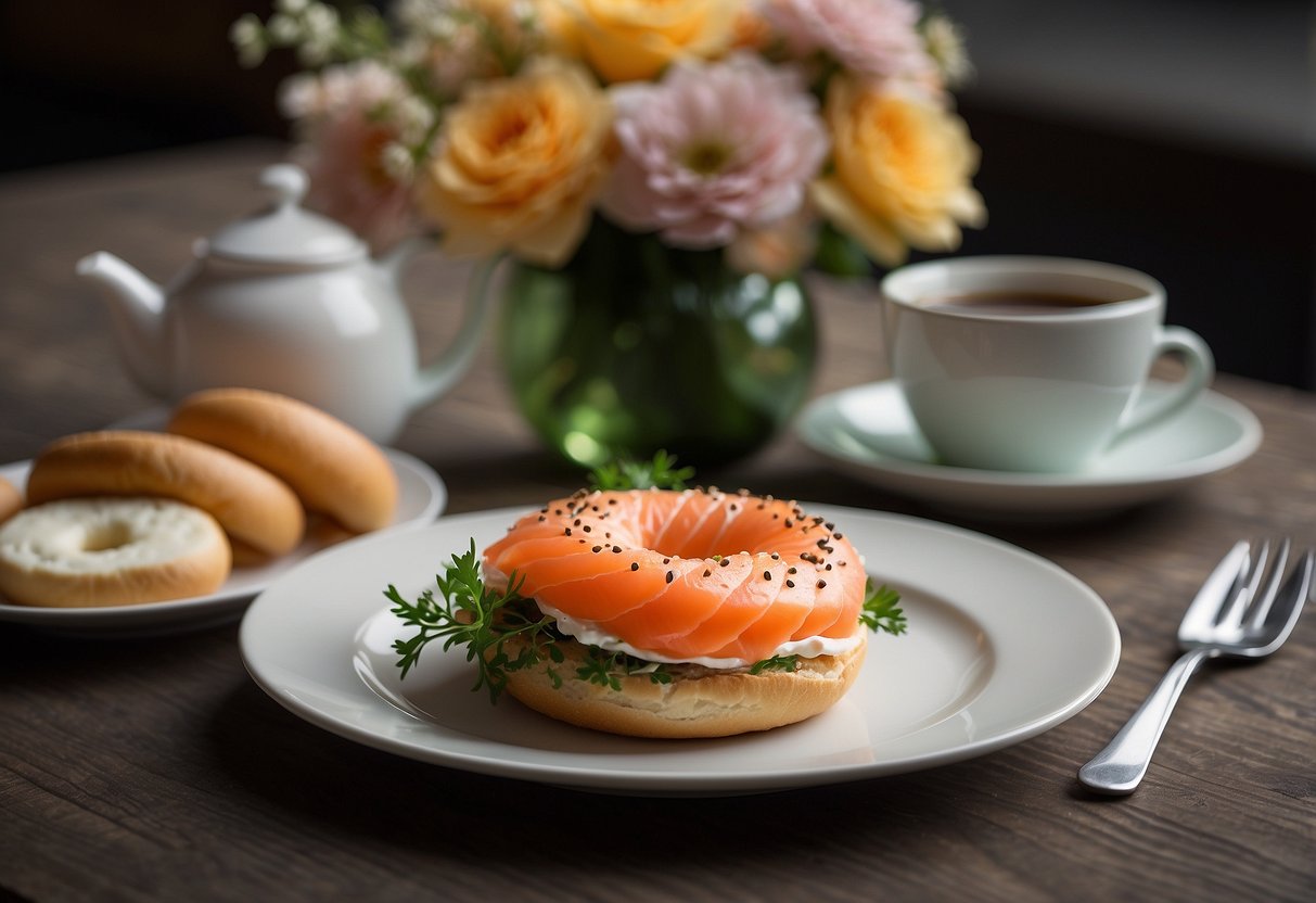 A table set with a plate holding a smoked salmon bagel, accompanied by a cup of coffee and a small vase of flowers