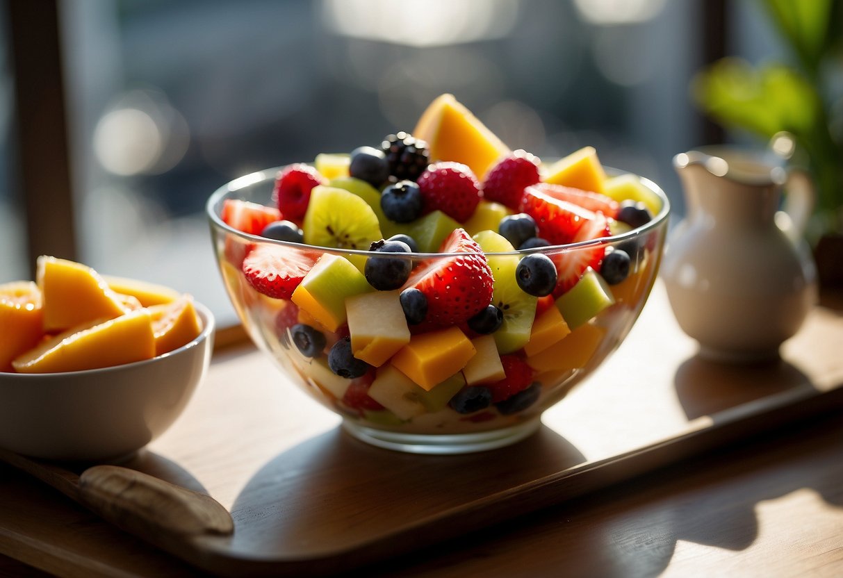 A colorful bowl of fresh fruit salad sits on a table, surrounded by elegant breakfast options. Sunlight streams through a window, casting a warm glow on the scene