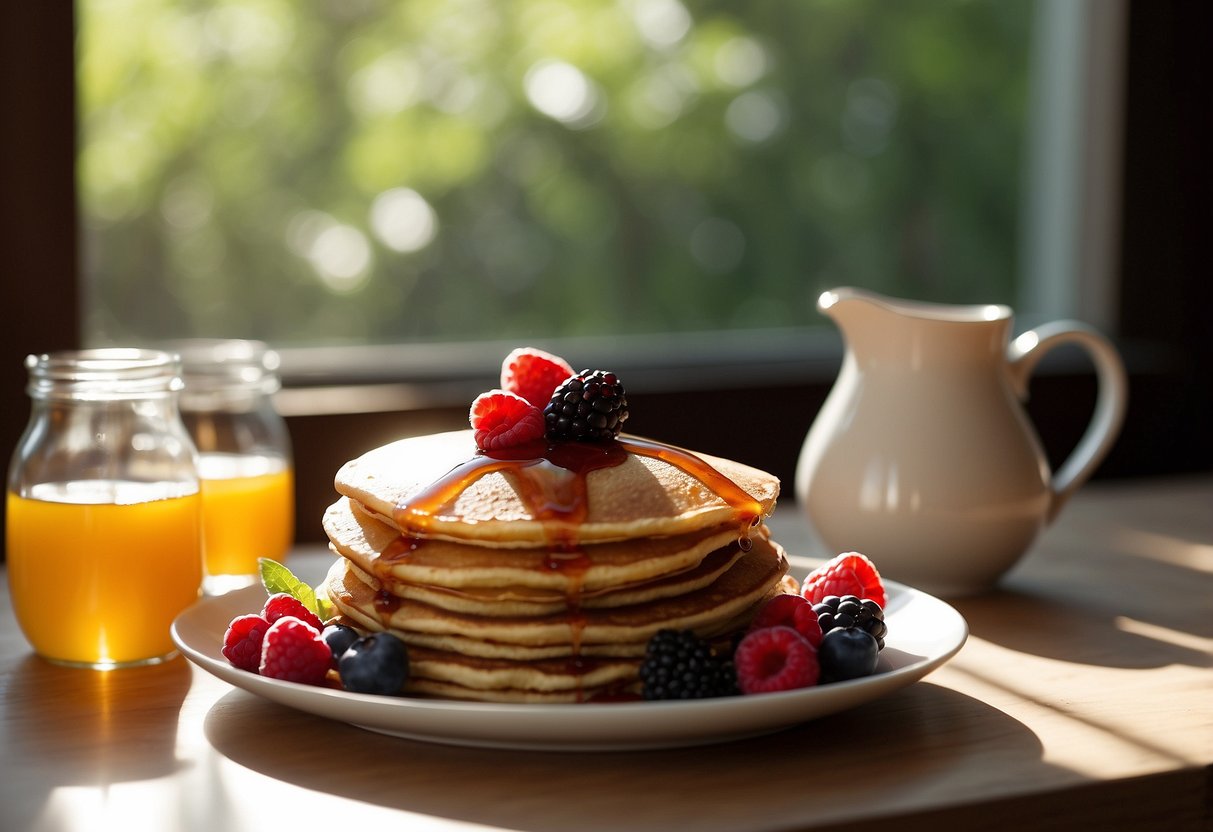 A table set with a stack of buttermilk pancakes, fresh berries, and a pitcher of syrup. Sunlight streams in through a window, casting a warm glow over the breakfast spread