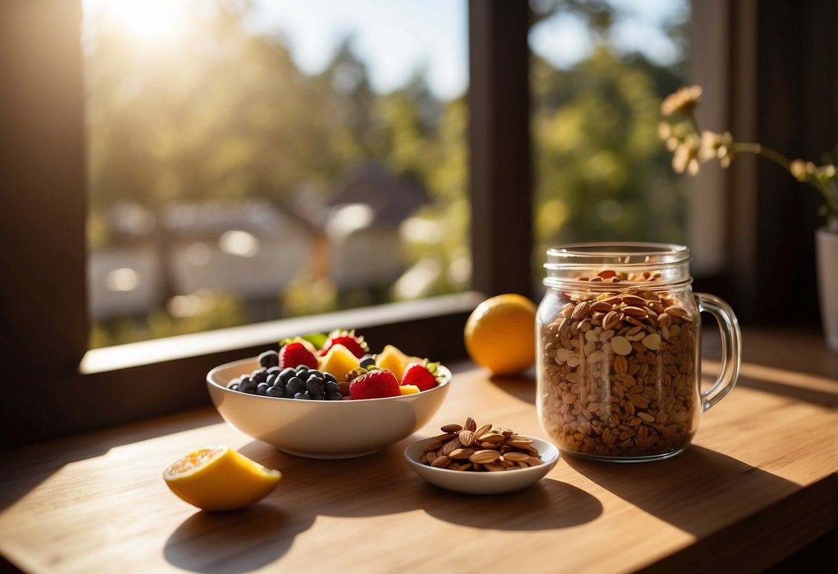 A table set with a bowl of granola, a glass of almond milk, and fresh fruit. Sunlight streams in through a window, casting a warm glow on the breakfast spread