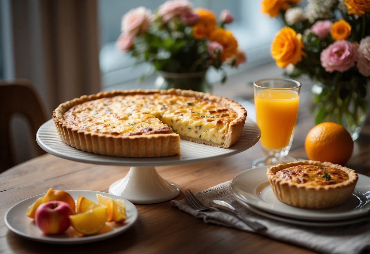 A table set with a freshly baked quiche Lorraine, accompanied by a colorful fruit platter, a carafe of orange juice, and a vase of fresh flowers