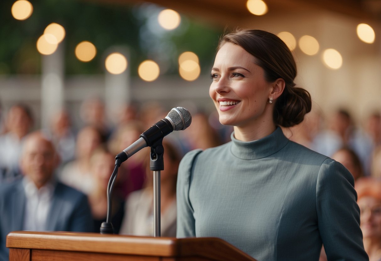 A sister stands at a podium, smiling and holding a microphone. She gestures warmly as she delivers a heartfelt and funny wedding speech, surrounded by a loving audience