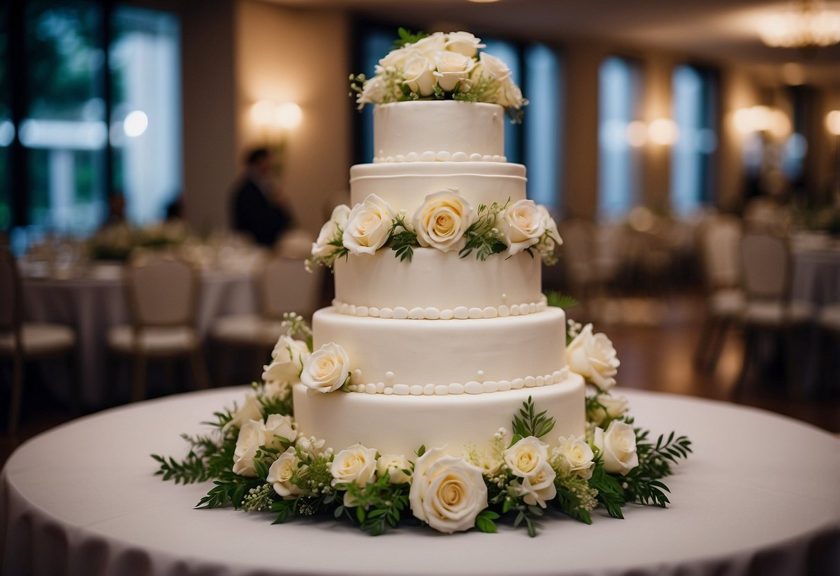 A three-tier wedding cake with cascading flowers and elegant icing details