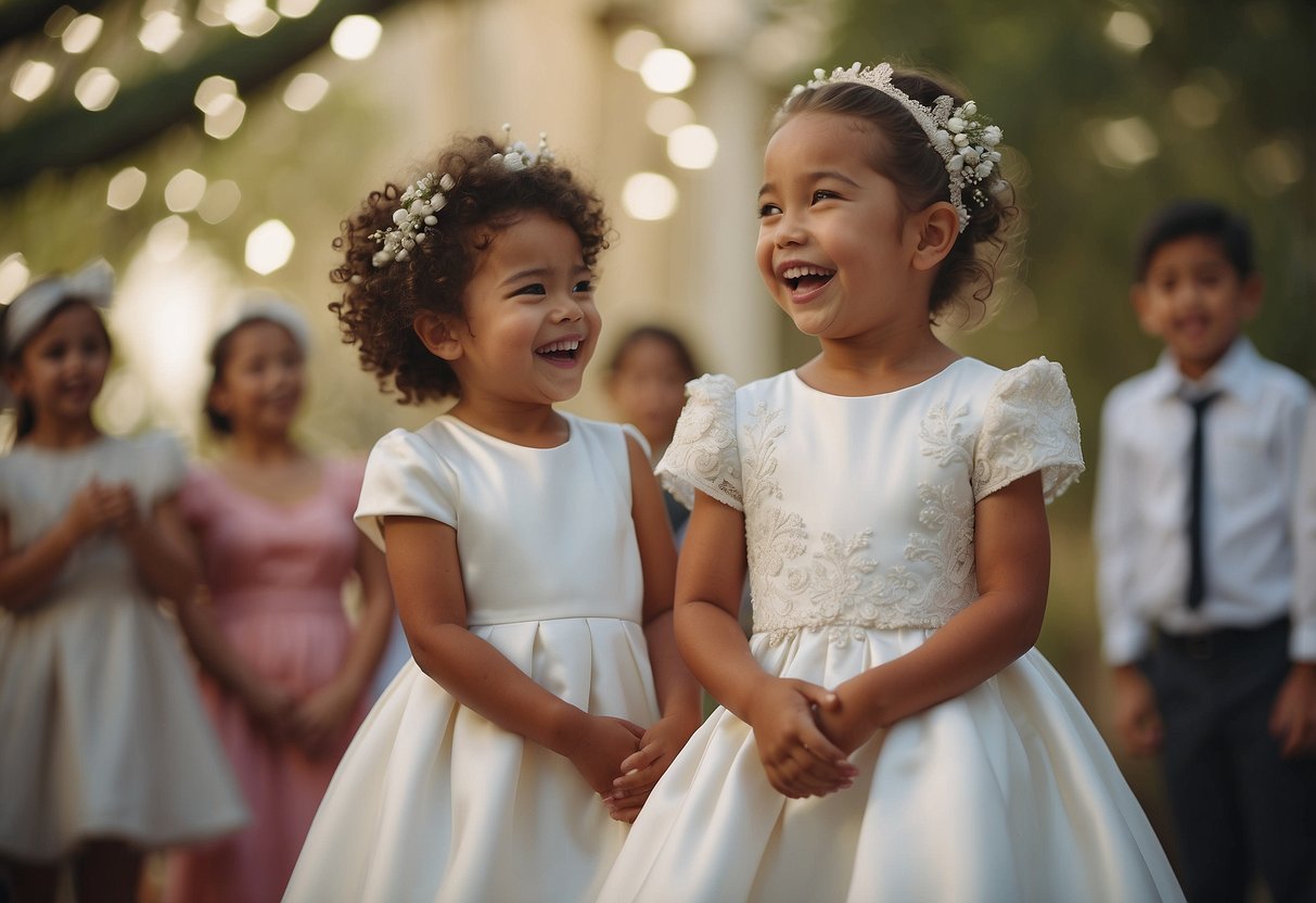 Children laughing, playing dress-up in oversized wedding attire, pretending to give a funny wedding speech for their sister