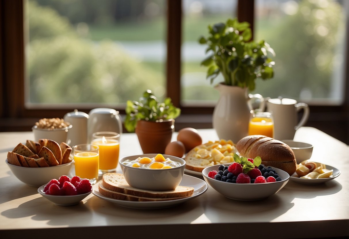 A beautifully set table with a variety of nutritious breakfast options, including fresh fruit, whole grain toast, yogurt, and eggs, all bathed in natural light streaming through a window