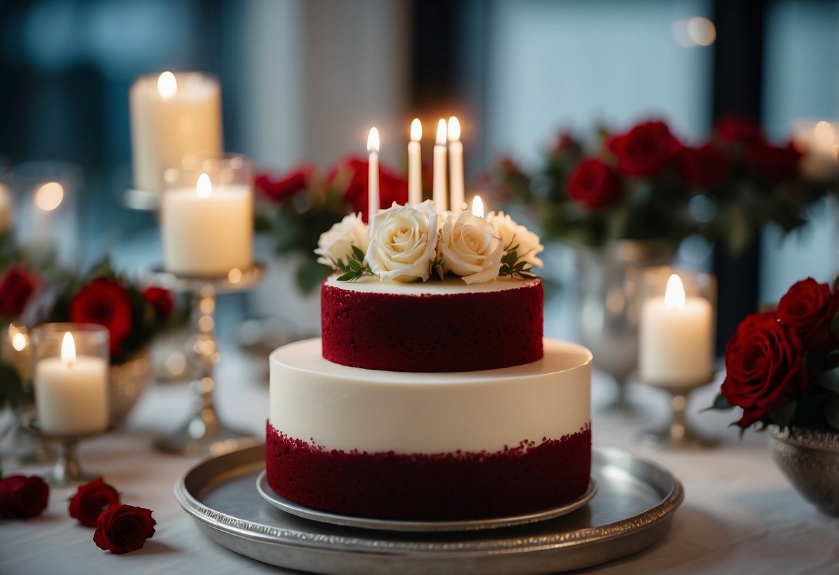 A red velvet wedding cake with cream cheese frosting sits on a silver cake stand, adorned with delicate white floral decorations and surrounded by flickering tea light candles