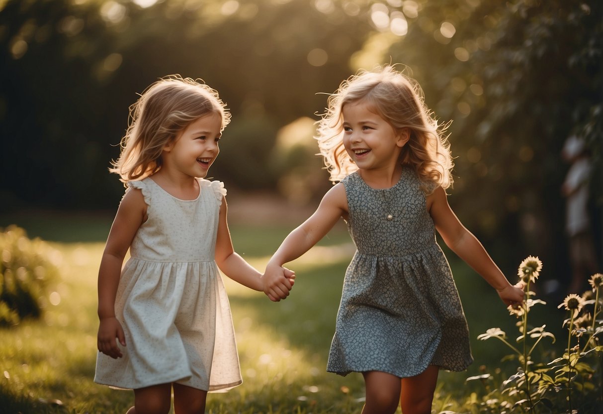 A small girl playing with her older sister, laughing and holding hands in a sunlit garden