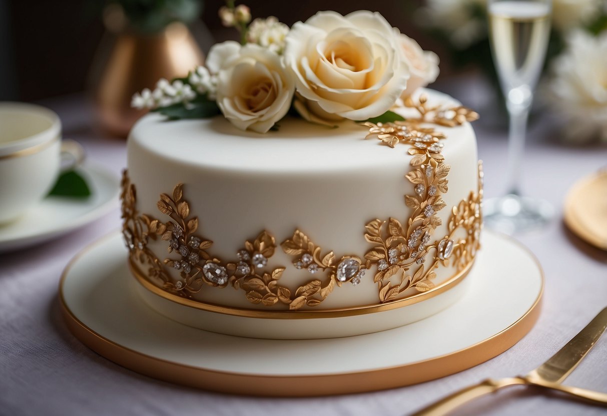 A simple, elegant one-tier wedding cake adorned with delicate floral decorations and a shimmering gold trim