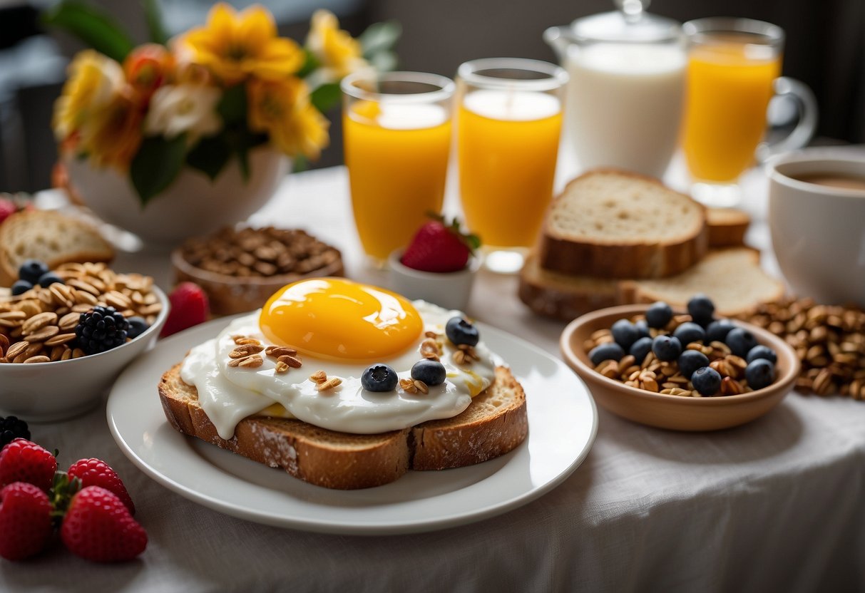 A table set with a variety of breakfast items: fruits, yogurt, granola, eggs, toast, and coffee. A wedding dress hangs in the background