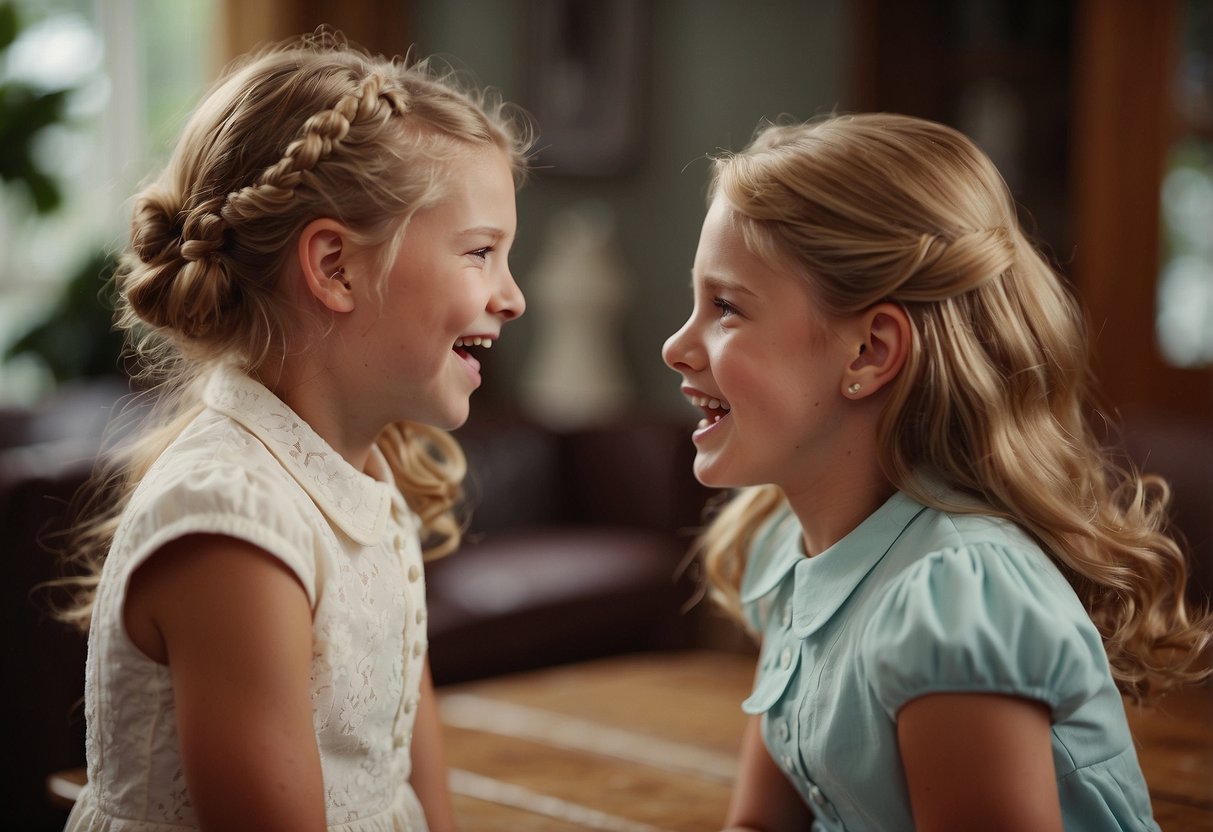 Two sisters playfully arguing over who knows the bride better. A table filled with childhood photos and memorabilia. Laughter and teasing fill the room