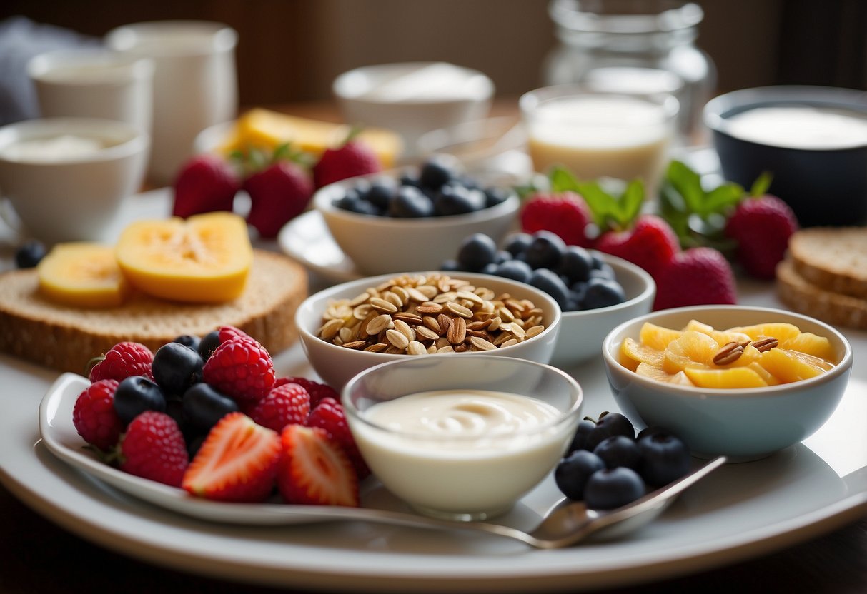 A beautifully set table with a variety of healthy breakfast options, including fruit, yogurt, granola, and whole grain toast. The portions are elegantly displayed, with a focus on balance and presentation