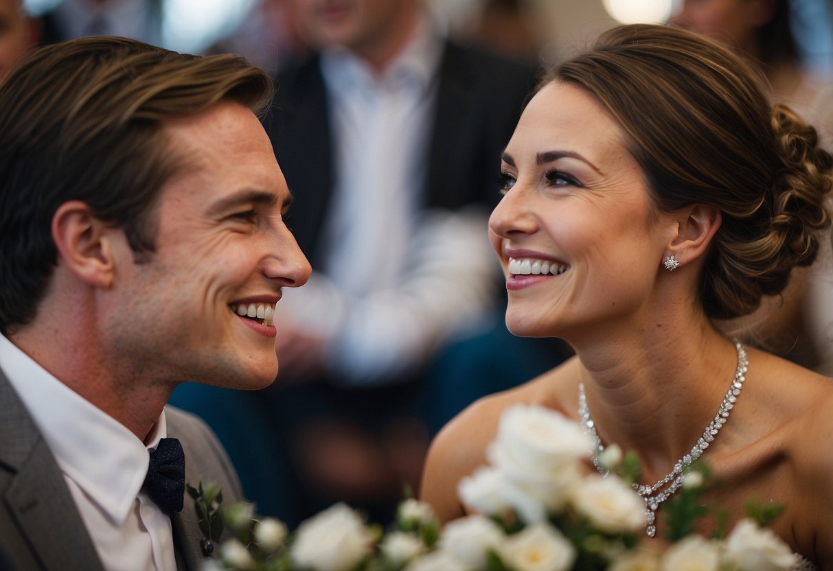 A woman smiles as she listens to her partner's heartfelt wedding speech ideas for her sister