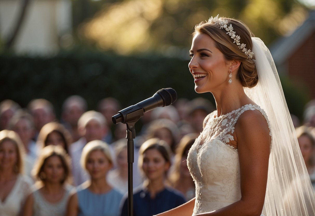 A beaming bride stands center stage as her sister delivers a heartfelt speech, surrounded by a captivated audience