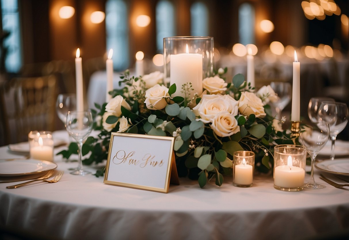 A beautifully decorated sweetheart table with elegant floral arrangements, romantic candlelight, and personalized signage for the newlyweds