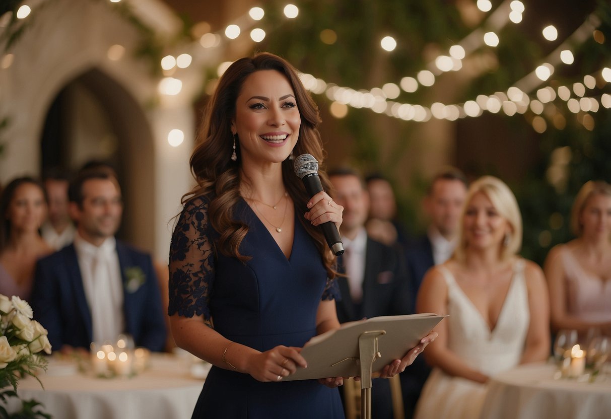 A woman confidently delivers a heartfelt wedding speech, radiating warmth and sincerity as she shares her sister's best qualities