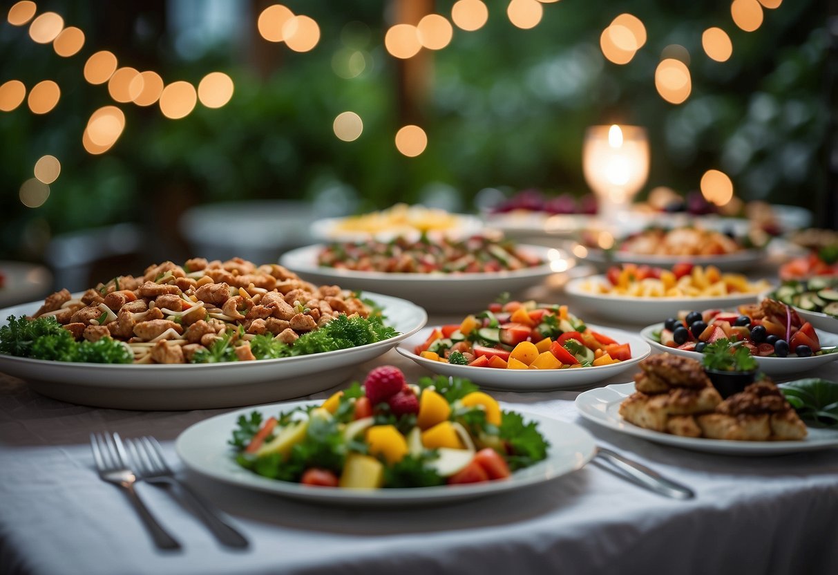 A table adorned with an array of colorful and appetizing dishes, from gourmet salads to decadent desserts, set against a backdrop of lush greenery and twinkling string lights