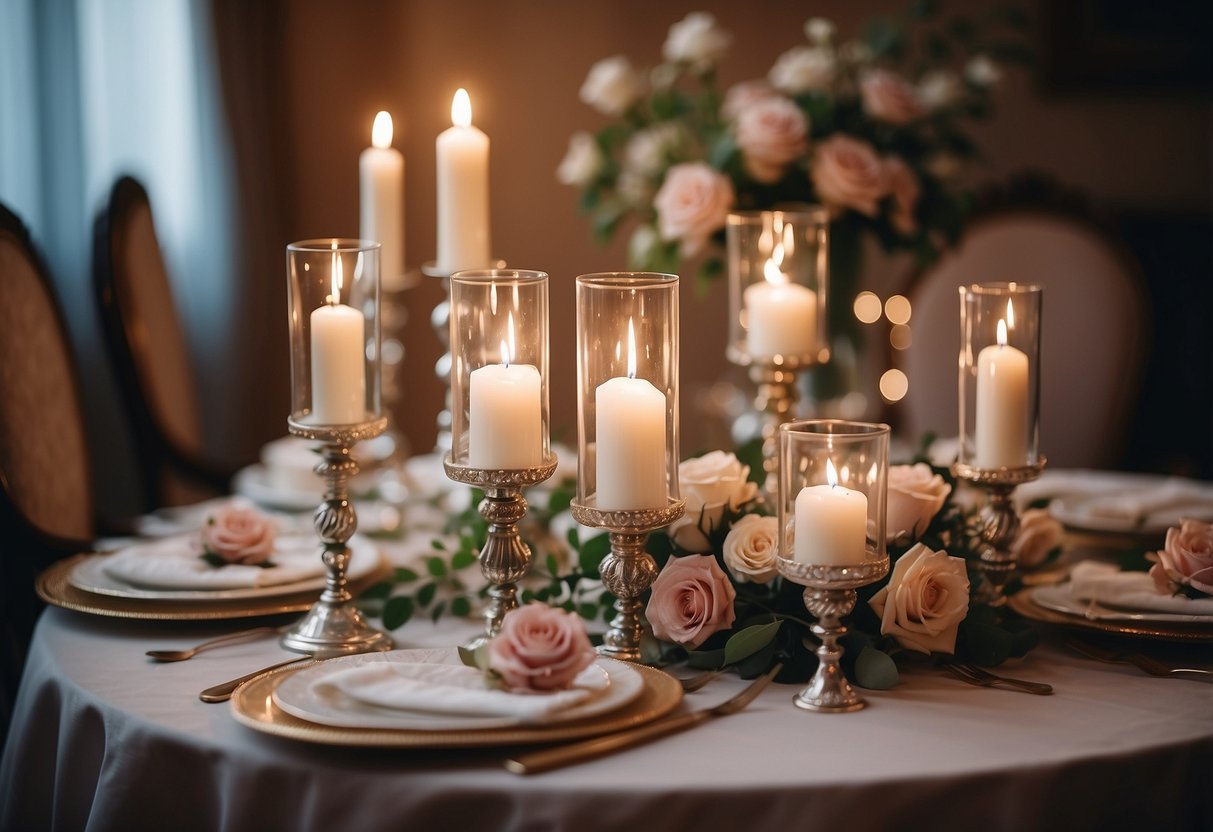 A vintage sweetheart table adorned with elegant candlesticks and soft romantic lighting