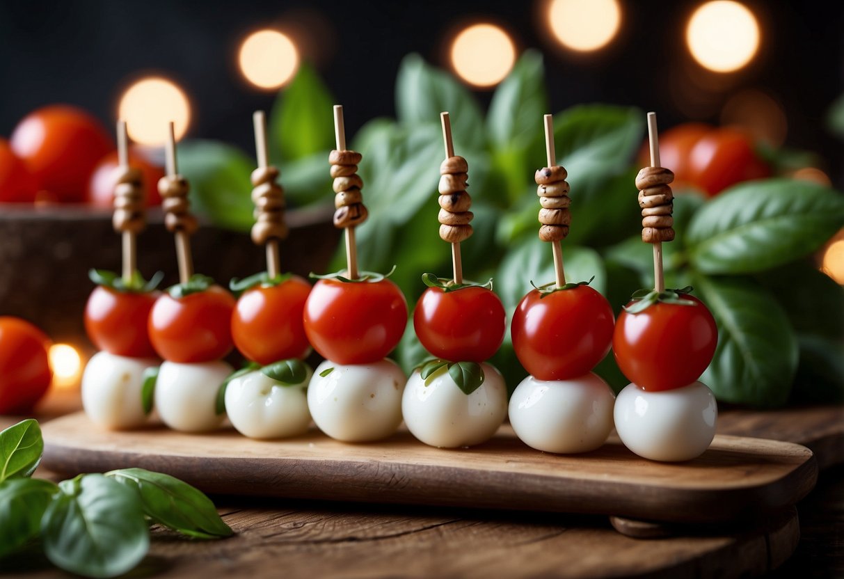 Mini Caprese skewers arranged on a rustic wooden serving board, surrounded by fresh basil leaves and cherry tomatoes. A string of fairy lights twinkles in the background, creating a warm and inviting atmosphere