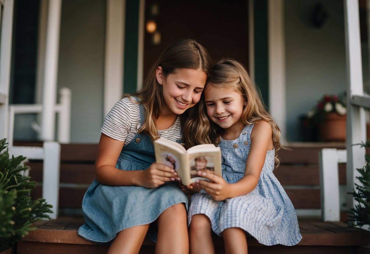 Two sisters sitting on a porch, reminiscing about their childhood. A photo album open on their laps, laughter and tears as they share stories