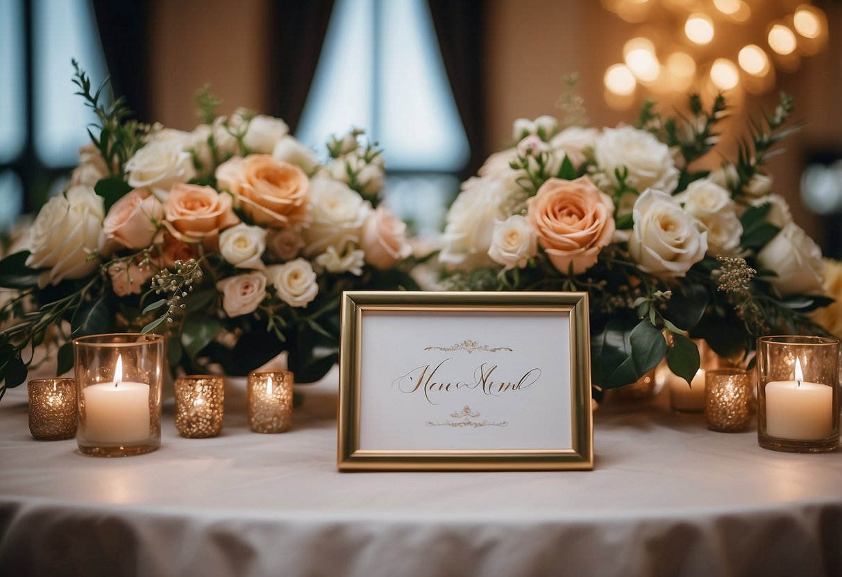 A beautifully decorated sweetheart table with personalized signage and elegant floral arrangements