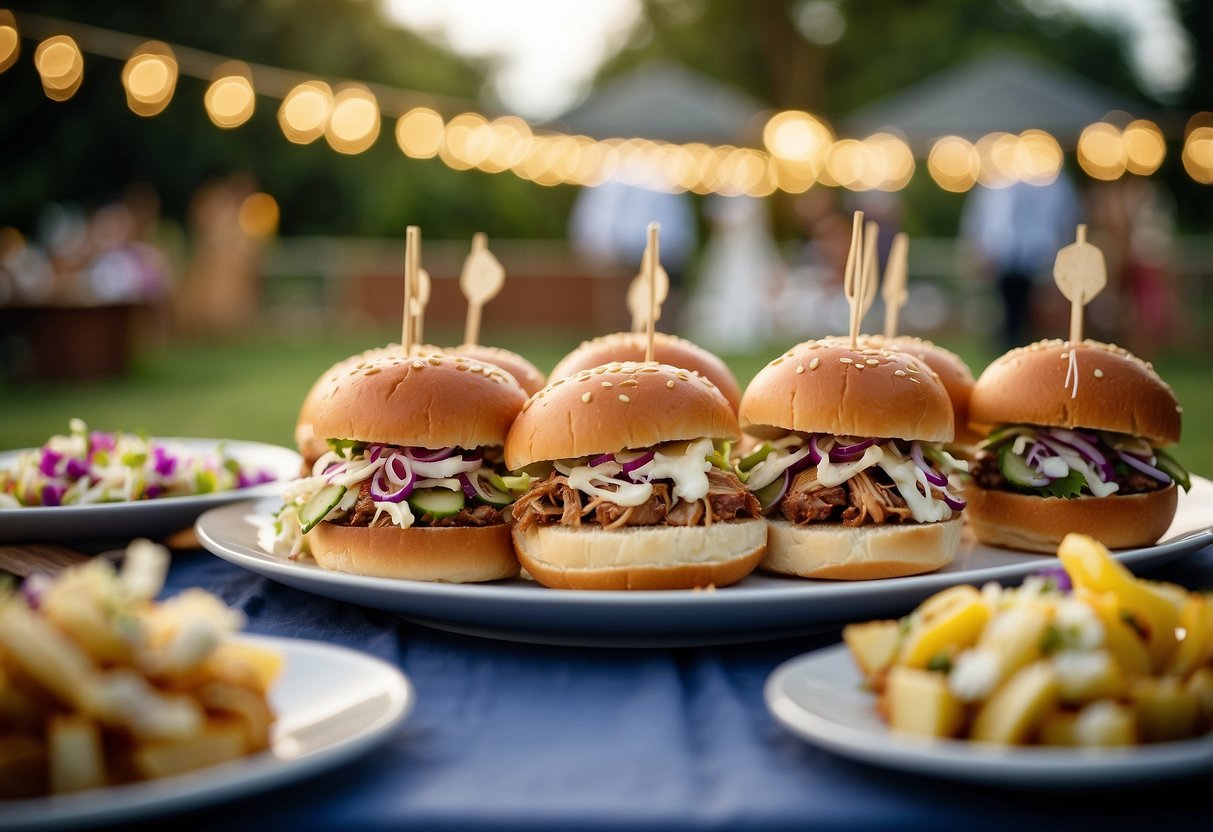 A table filled with pulled pork sliders, surrounded by string lights and flowers, set up for a backyard wedding celebration