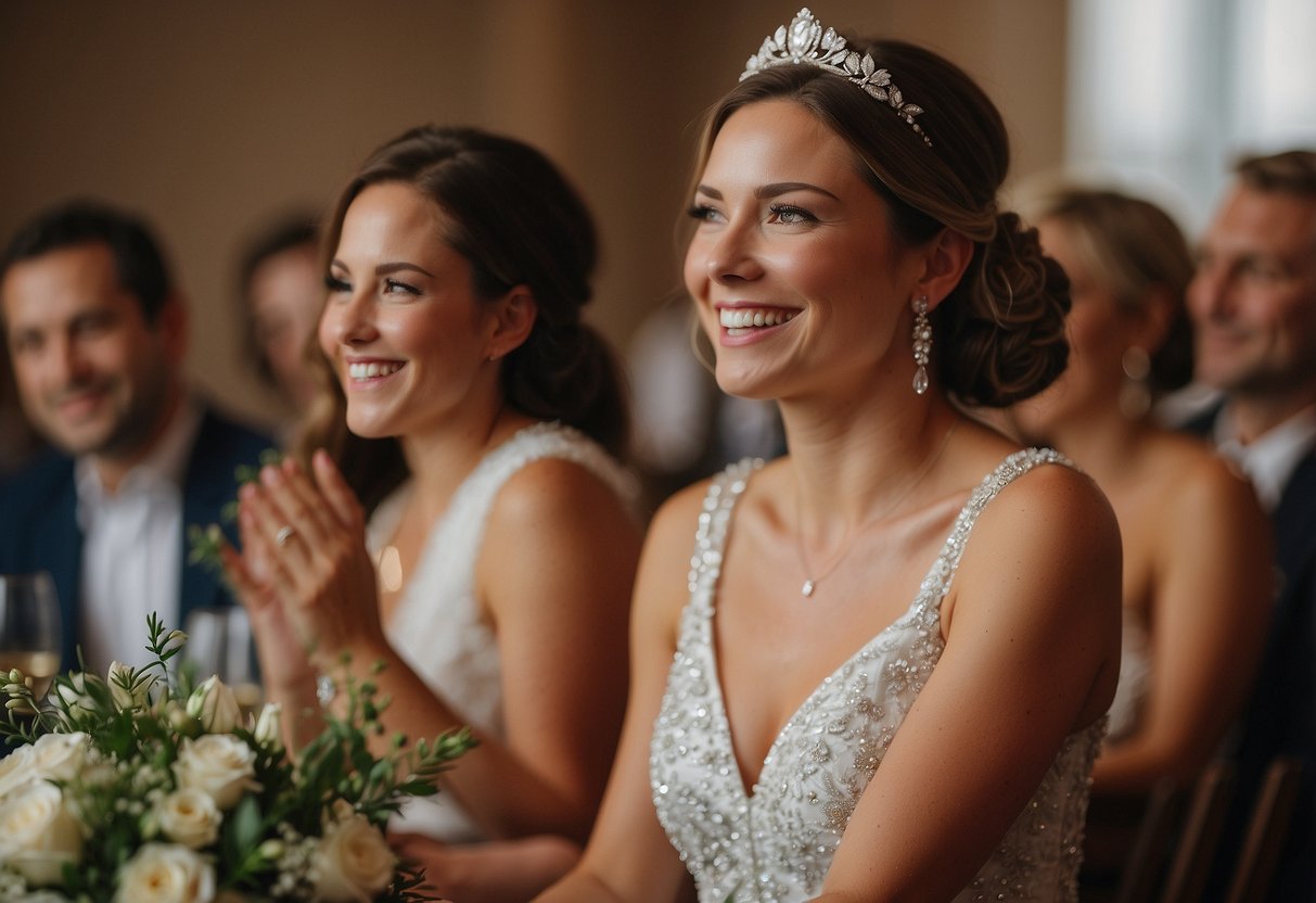 A beaming bride-to-be listens as her sister shares heartfelt and uplifting wedding speech ideas, filling the room with warmth and joy