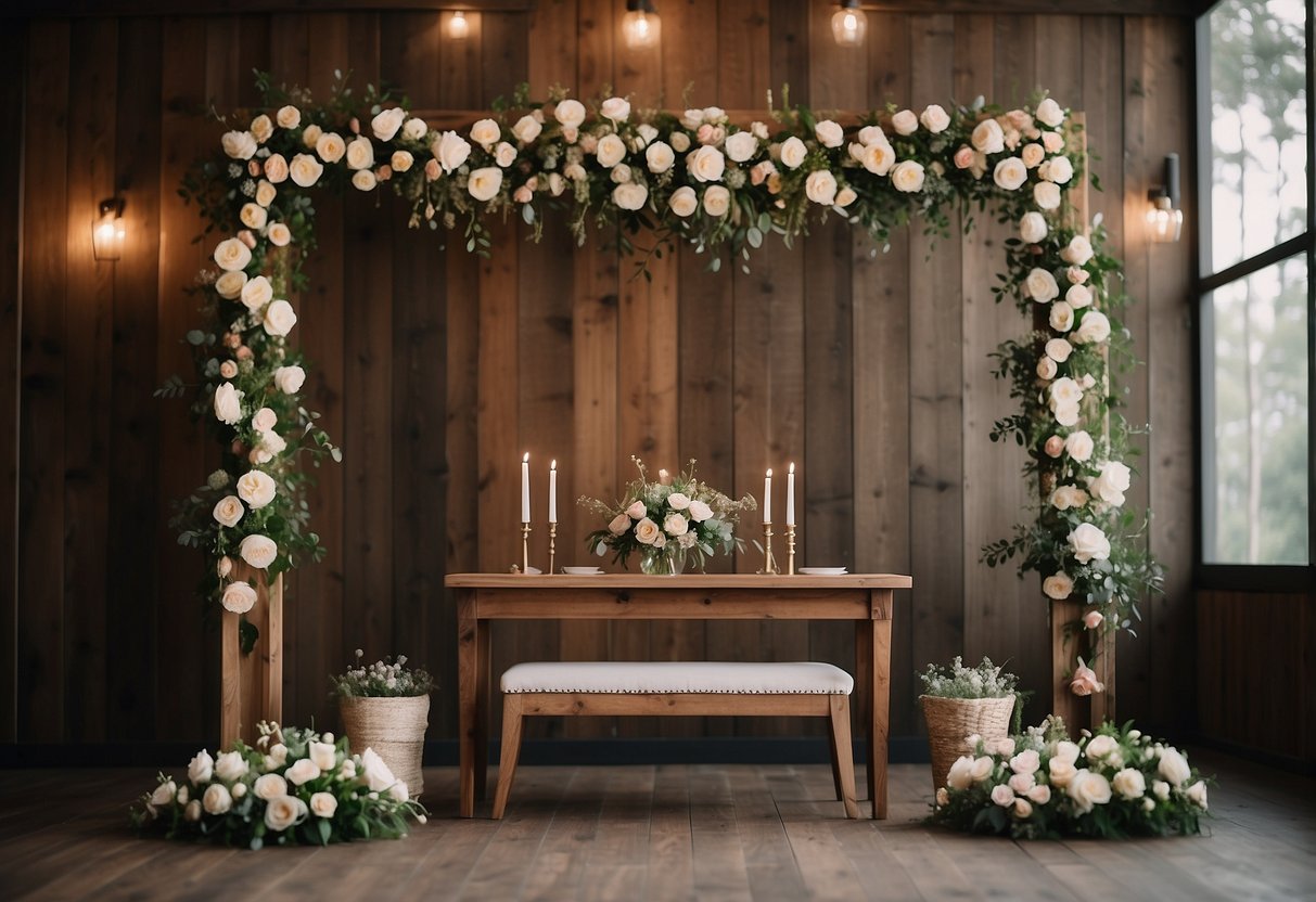 A wooden backdrop frames a sweetheart table with rustic wedding decor