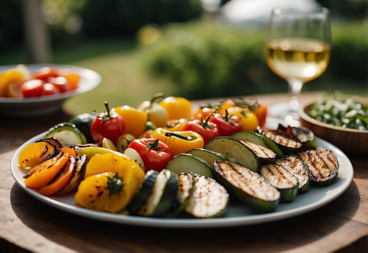 A colorful array of grilled vegetables arranged on a platter, set against a backdrop of a lush backyard wedding