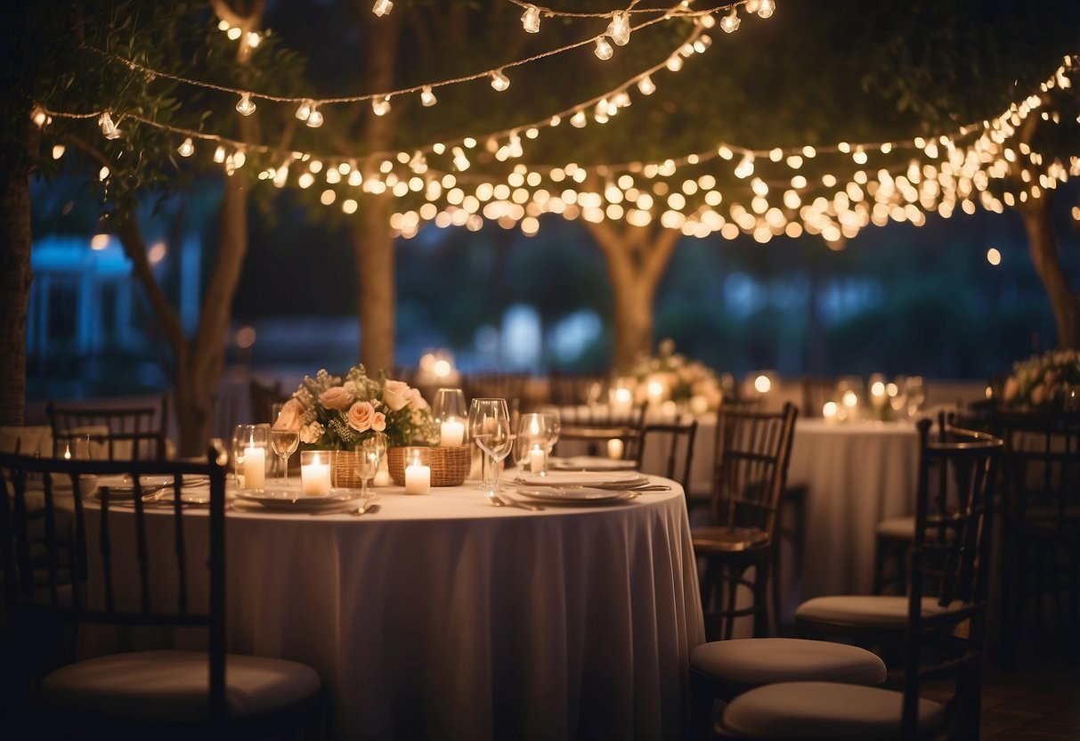 A cozy sweetheart table adorned with string lights, creating a romantic ambiance for a wedding reception