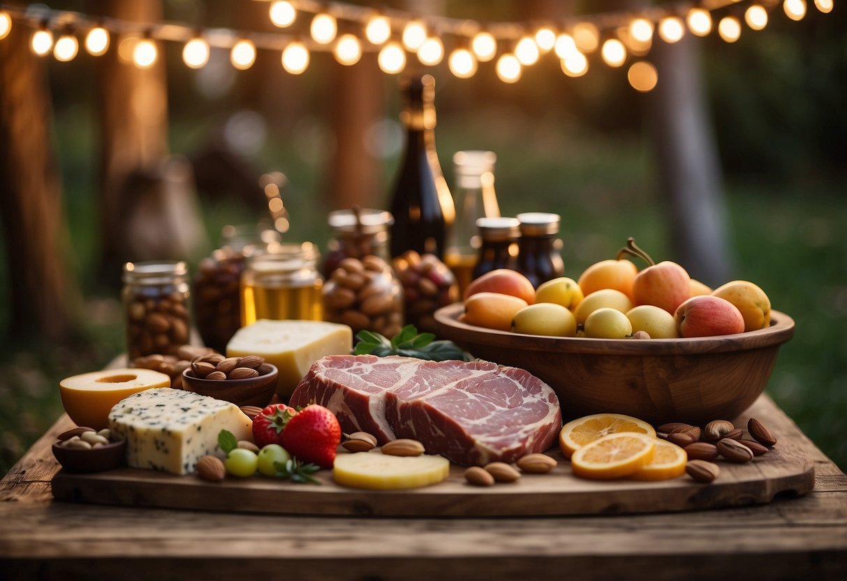 A rustic wooden table displays a variety of meats, cheeses, fruits, and nuts. Soft string lights hang overhead, illuminating the backyard wedding setting