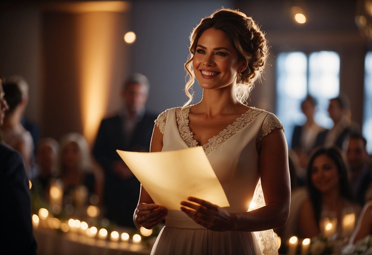 A person stands at a podium, surrounded by a warm glow. They hold a piece of paper, smiling as they prepare to deliver a heartfelt wedding speech for their sister