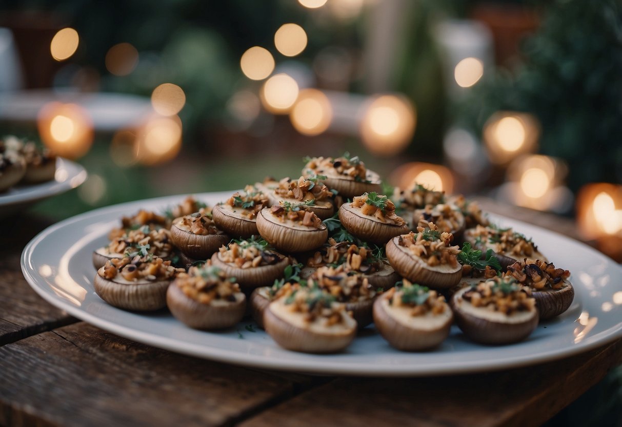 A table displays a platter of stuffed mushrooms at a backyard wedding, surrounded by twinkling lights and floral decorations