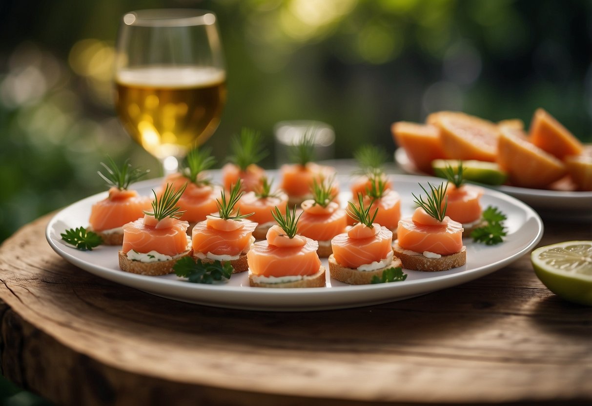 A platter of smoked salmon canapés arranged on a rustic wooden table in a backyard setting, surrounded by lush greenery and soft natural lighting