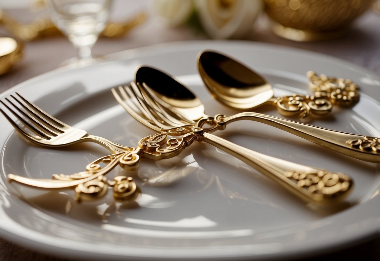 A golden flatware set arranged on a sweetheart table at a wedding, with elegant place settings and decorative details