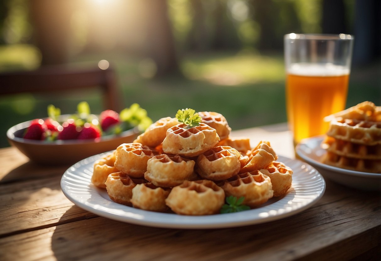 Platter of mini chicken and waffle bites on rustic wooden table with floral centerpiece. Sunlight filters through trees in the background