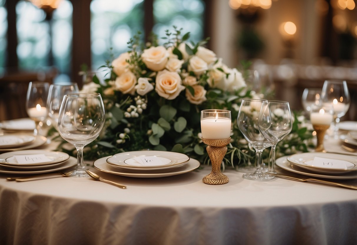 A beautifully decorated sweetheart table with custom menu cards for a wedding reception