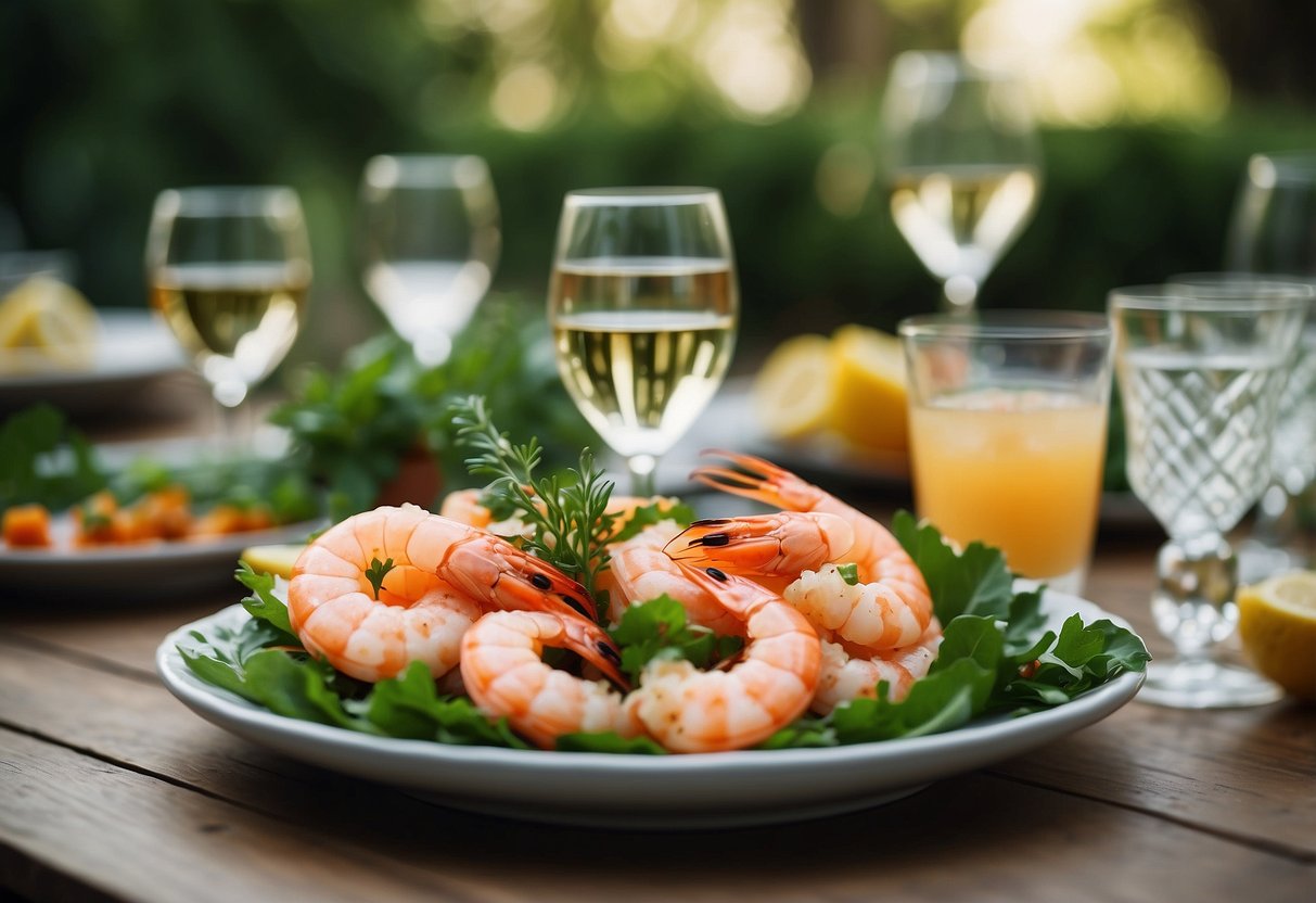 A table with elegant glassware and a platter of shrimp cocktail surrounded by lush greenery in a backyard wedding setting