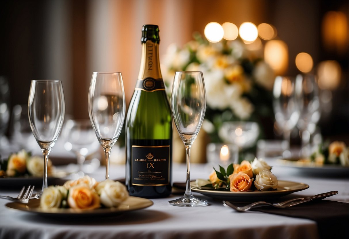 A table set with mini champagne bottles, elegant glasses, and romantic decor for a wedding sweetheart table