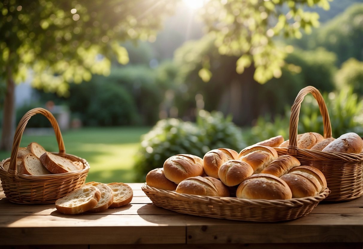 A rustic wooden table displays an assortment of artisan breads in a woven basket. The backdrop is a serene backyard setting, with lush greenery and soft natural light