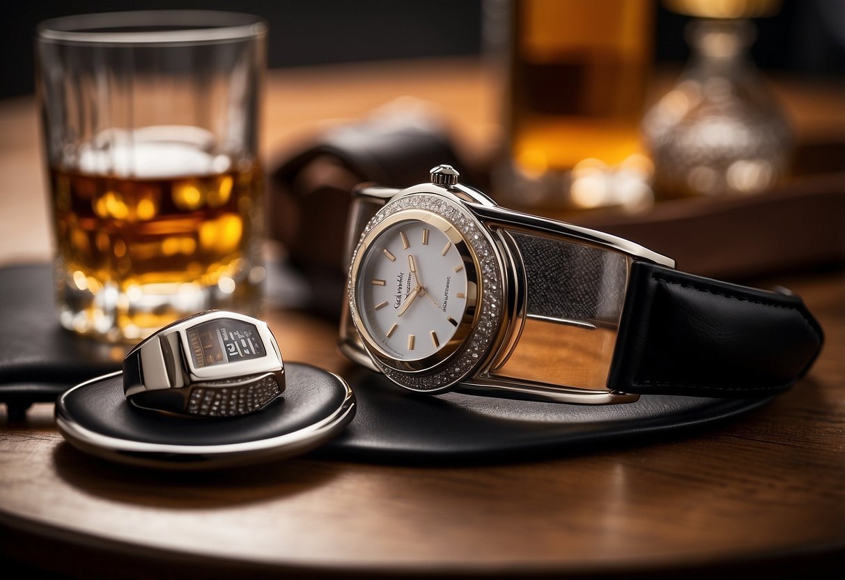 A table set with personalized cufflinks, a leather watch, and a custom whiskey decanter