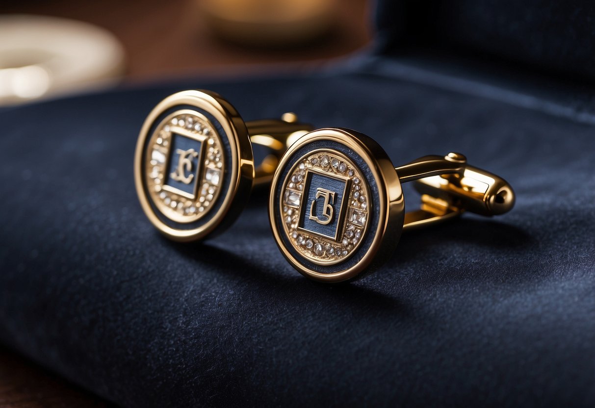 A pair of personalized cufflinks displayed on a velvet cushion, with elegant engraving and a sleek, polished finish