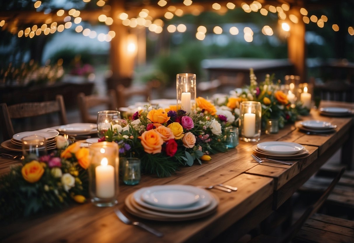 A rustic wooden table adorned with colorful floral centerpieces, surrounded by string lights and lanterns, displaying a variety of gourmet appetizers and small plates for a backyard wedding celebration