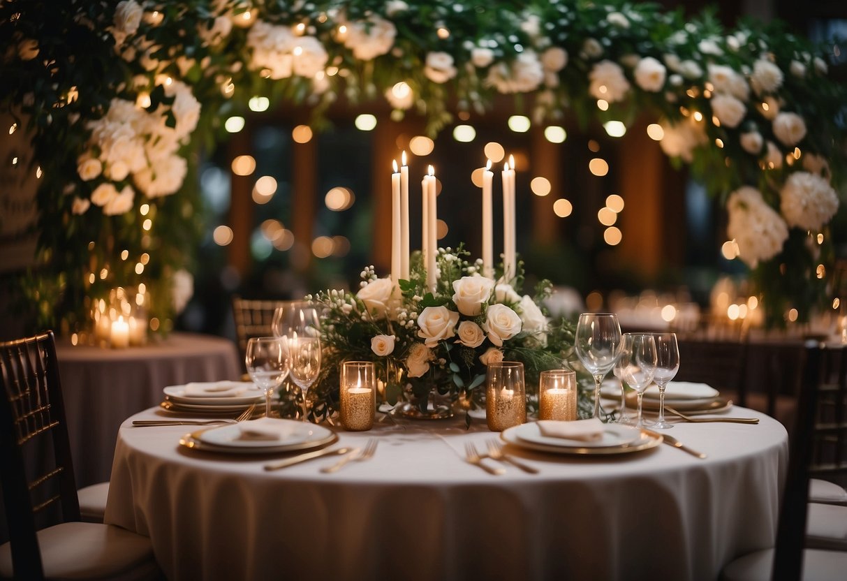 A beautifully decorated sweetheart table with elegant centerpieces and personalized decor, set against a romantic backdrop of twinkling lights and lush greenery