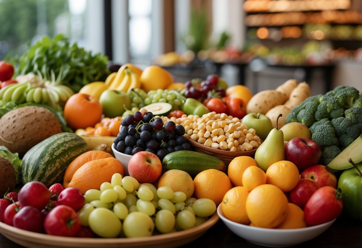 A table filled with colorful, fresh fruits, vegetables, and various dietary options. A sign with "Dietary Considerations" displayed among the spread