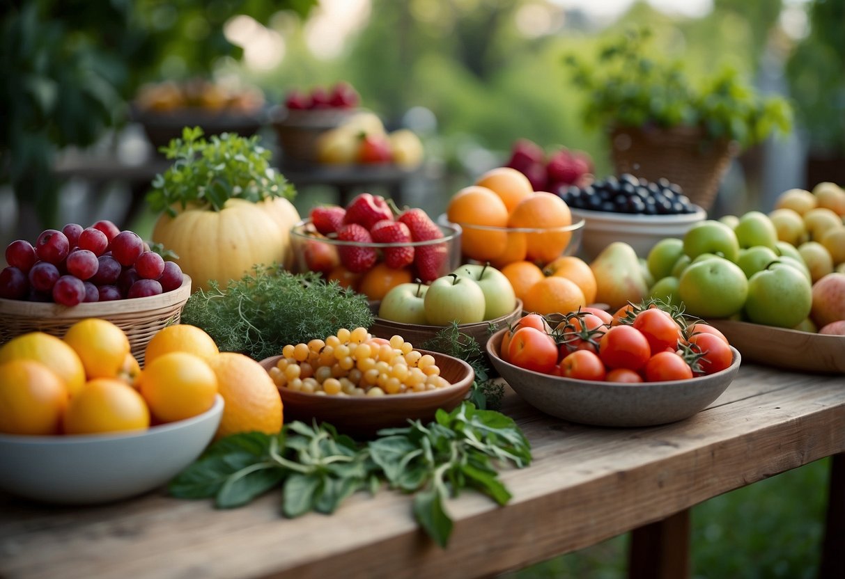 A table set with colorful fruits, vegetables, and herbs. A variety of dishes made from fresh, local ingredients displayed in an outdoor setting