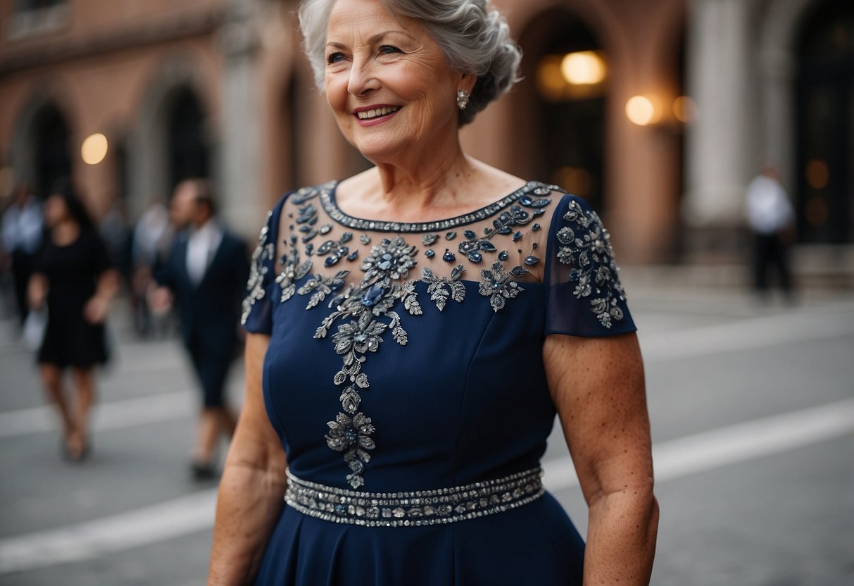 The groom's mother wears a deep navy blue dress with a touch of silver embellishments