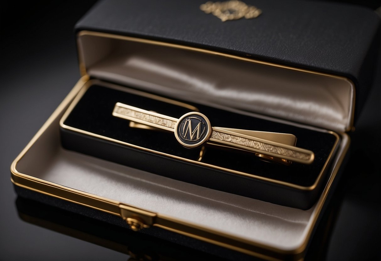 A monogrammed tie clip rests on a sleek black velvet box, with soft lighting highlighting the intricate initials