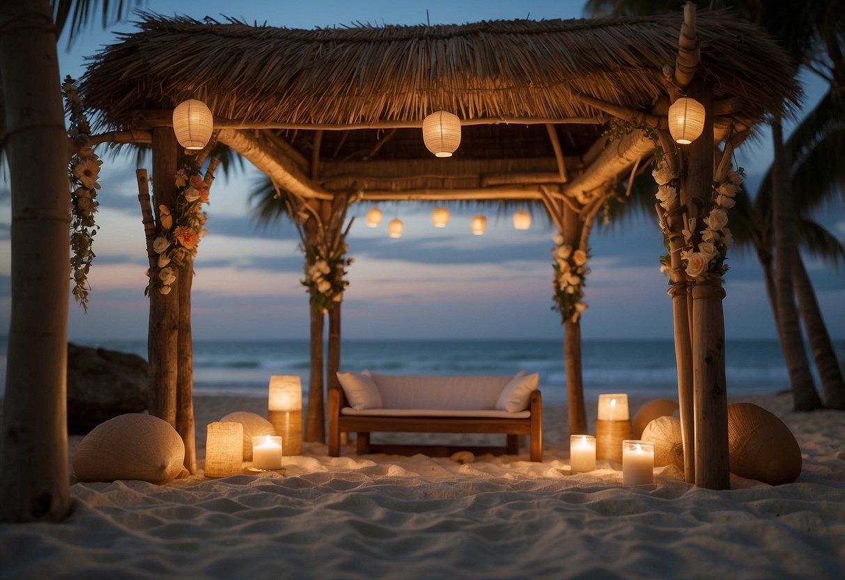 A simple beach altar, adorned with seashells and driftwood, surrounded by handmade paper lanterns and a bamboo archway